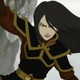 A smug Azula, in her Fire Nation warrior outfit, hangs precariously on the side of a rock cliff.